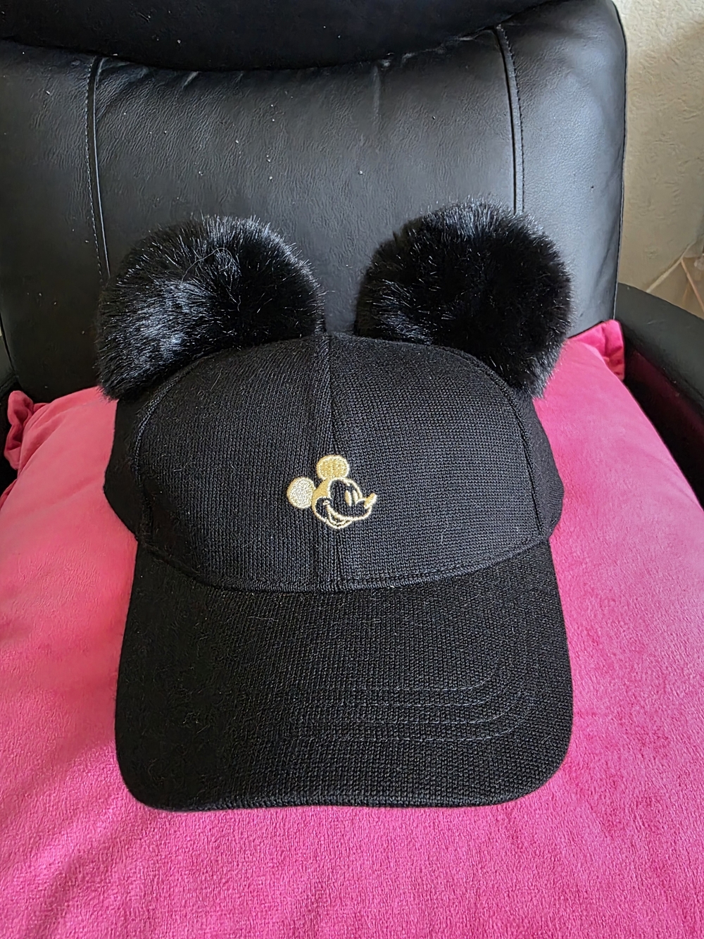 Love Your Melon Black Cap with Gold Embroidered Mouse and Black Faux-Fur Ears